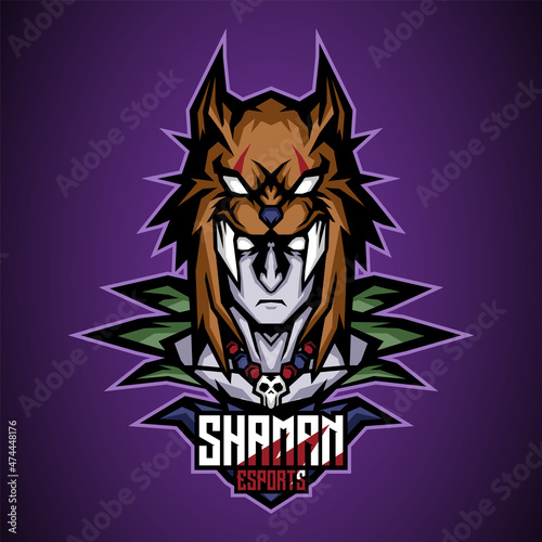 esport mascot of shaman head, this cool and fierce image is suitable for esport team logos or for adventure and hunting team logo, can be used t-shirt or merchandise design