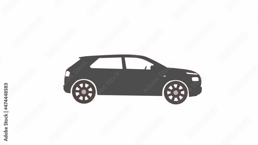 Black moving car icon isolated on white background. 2D animation footage. Black moving car icon isolated on white background. 2D animation footage.
