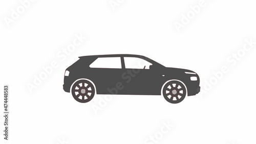 Black moving car icon isolated on white background. 2D animation footage.