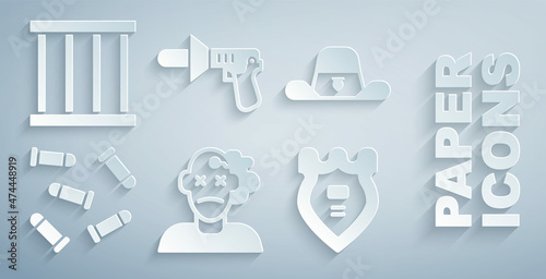 Set Murder, Sheriff hat with badge, Bullet, Police, megaphone and Prison window icon. Vector