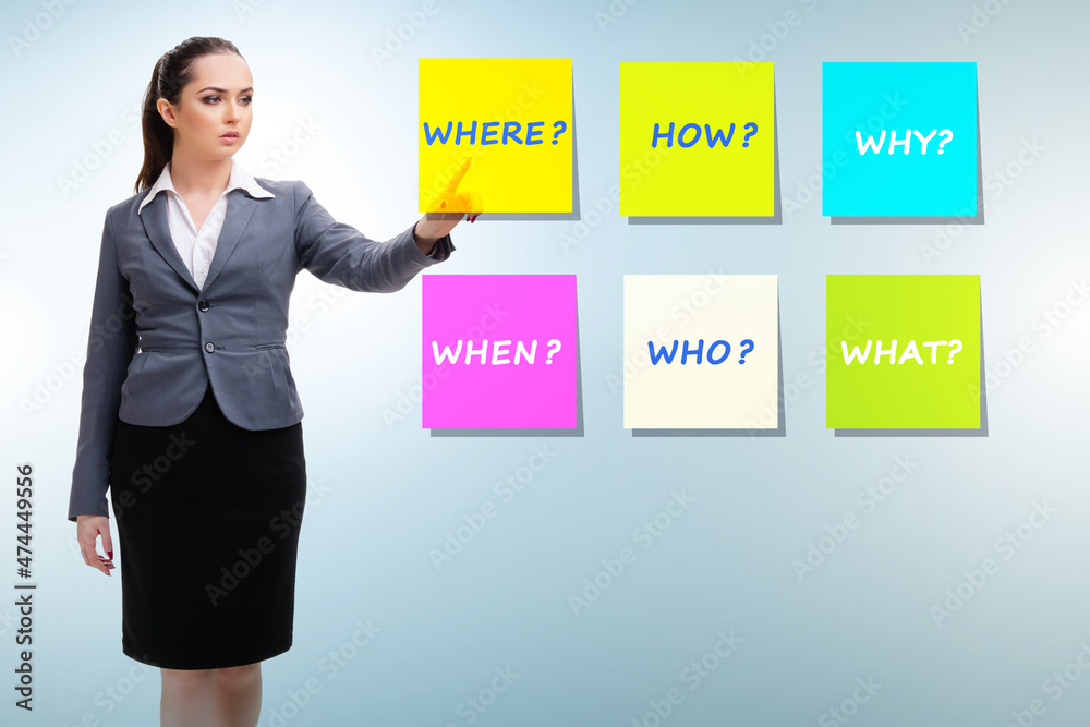 Concept of many different questions asked with businesswoman Concept of many different questions asked with businesswoman