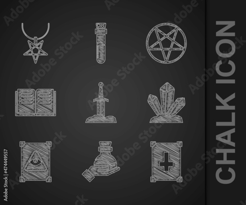 Set Sword in the stone, Bottle with potion, Ancient magic book, Magic, Pentagram circle and necklace icon. Vector