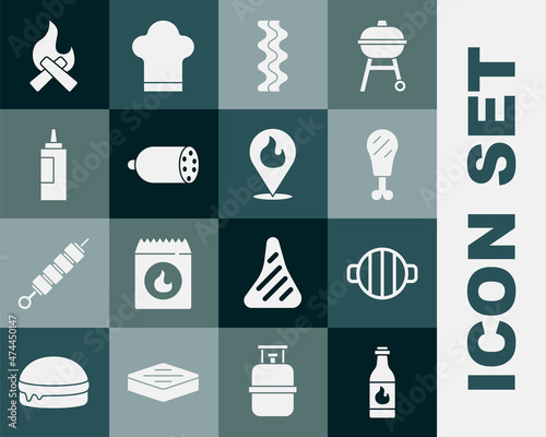 Set Tabasco sauce, Barbecue grill, Chicken leg, Bacon stripe, Salami sausage, Sauce bottle, Campfire and Location with flame icon. Vector
