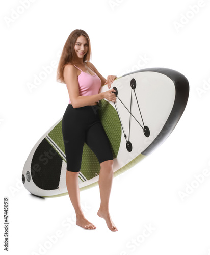 Photography Sporty young woman with board for sup surfing on white background