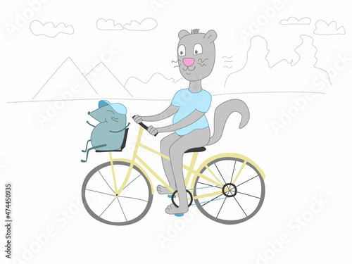 Cat rides a bike cartoon vector comic illustration. The cat is carrying a mouse on a bicycle. Summer fun of friends in nature. Animal travel