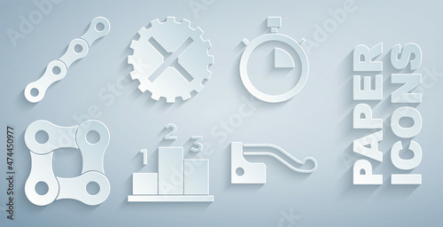 Set Award over sports winner podium, Stopwatch, Bicycle chain, brake, sprocket crank and icon. Vector