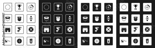 Set Bicycle brake disc, helmet, wheel, Smart watch, Award cup with bicycle, sprocket crank and Cycling shorts icon. Vector