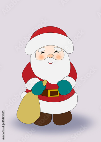 A small chubby Santa Claus standing and smiling while holding a sack of presents. 