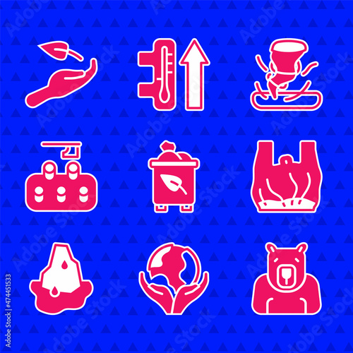 Set Recycle bin with recycle, Hand holding Earth globe, Polar bear head, Say no to plastic bags poster, Glacier melting, Deforestation, Tornado and Sprout hand icon. Vector