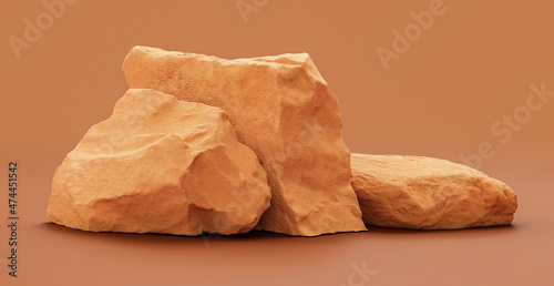 Single color yellow rocks in a flat yellow color background for product displays with copy space, 3d Rendering