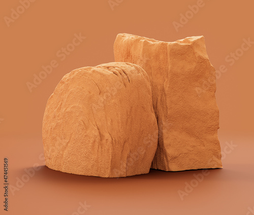 Single color yellow rocks in a flat yellow color background for product displays with copy space, 3d Rendering