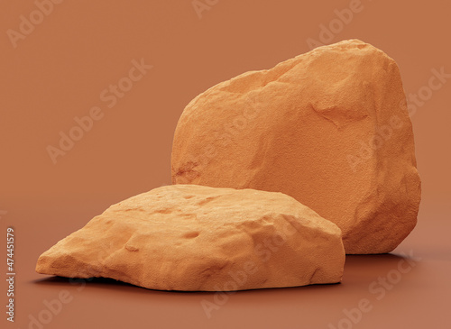 Single color yellow rocks in a flat yellow color background for product displays with copy space, 3d Rendering