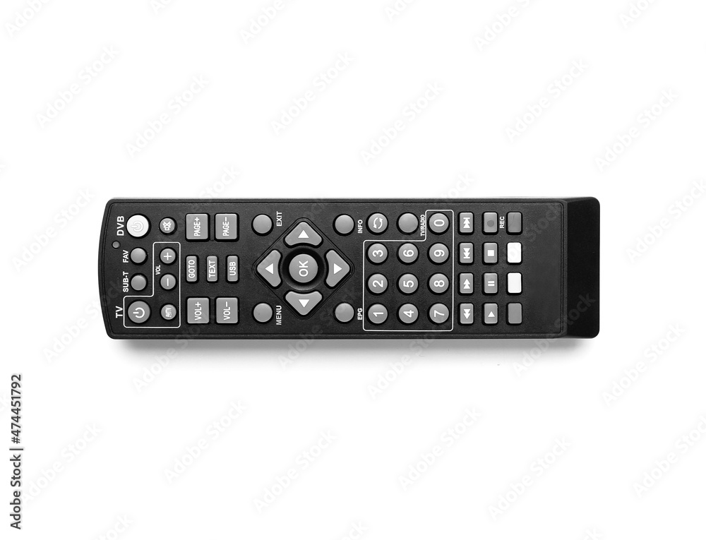 Black TV remote controller on white background Black TV remote controller on white background