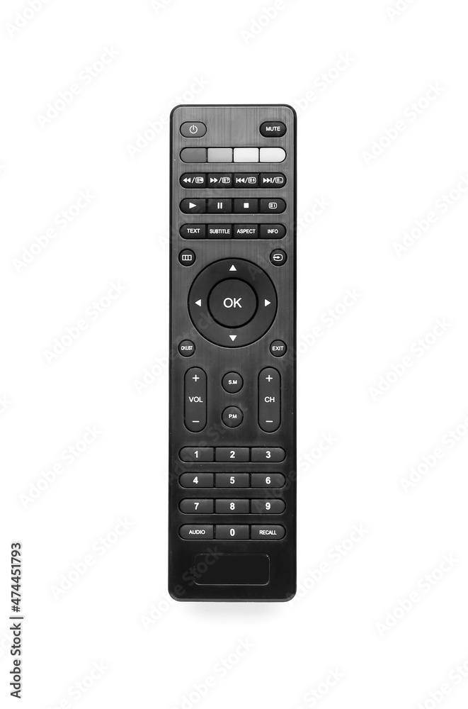 Black TV remote controller on white background Black TV remote controller on white background
