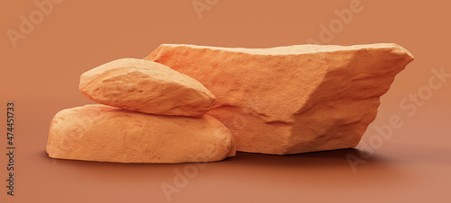 Single color yellow rocks in a flat yellow color background for product displays with copy space, 3d Rendering