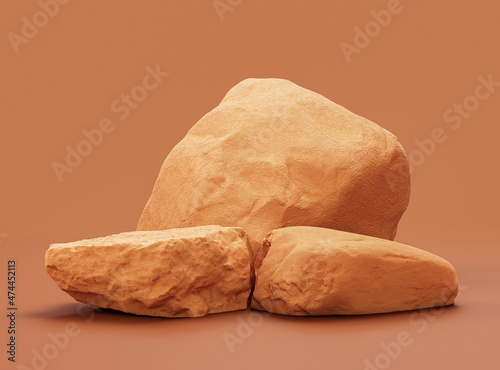Single color yellow rocks in a flat yellow color background for product displays with copy space, 3d Rendering