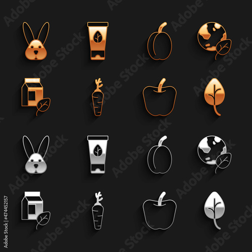 Set Carrot, Earth globe and leaf, Leaf or leaves, Apple, Vegan milk, Plum fruit, Animal cruelty free and Organic cosmetic icon. Vector