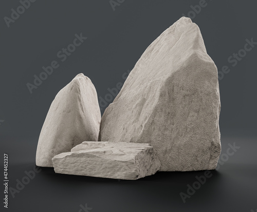 Single color white rocks in a flat grey color background for product displays with copy space, 3d Rendering