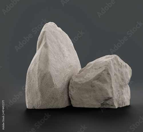 Single color white rocks in a flat grey color background for product displays with copy space, 3d Rendering