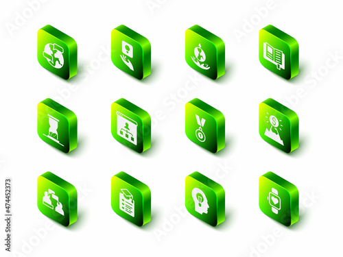 Set Light bulb, World expansion, Reading book, Mountains with flag, Smart watch, Medal, Human lamp and Online education icon. Vector