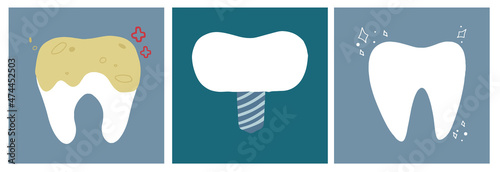 The World National International Dentist Day is March 6. Greeting card with healthy teeth, implants, caries. A beautiful poster with different teeth on a blue and emerald background.