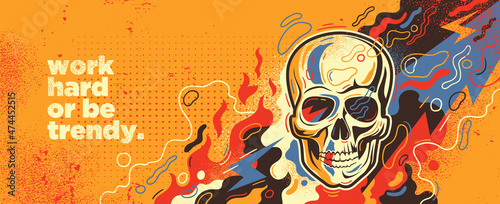 Graffiti style colorful background design with human skull and splashes. Vector illustration.
