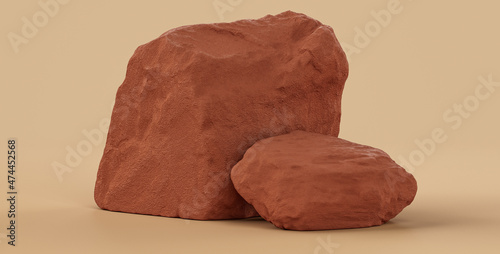 Brown color rocks in a flat color background, for product displays with copy space, 3d Rendering