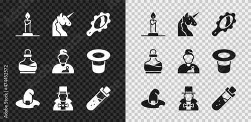 Set Burning candle in candlestick, Unicorn, Magic hand mirror, Witch hat, Magician, Bottle with potion, and Wizard warlock icon. Vector