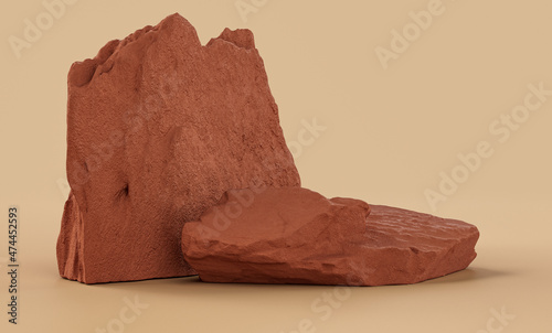 Brown color rocks in a flat color background, for product displays with copy space, 3d Rendering