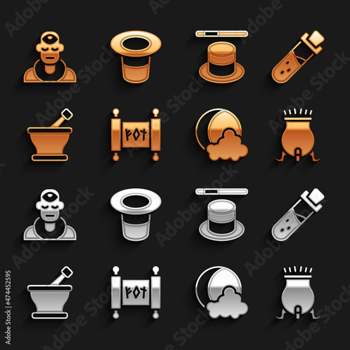 Set Magic scroll, Bottle with potion, Witch cauldron, Moon and stars, Mortar pestle, hat wand, Wizard warlock and icon. Vector
