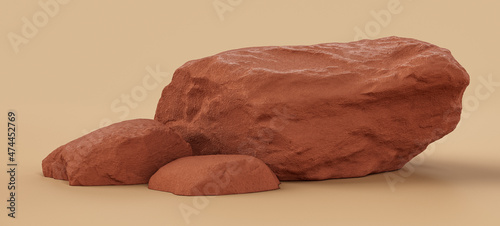 Brown color rocks in a flat color background, for product displays with copy space, 3d Rendering