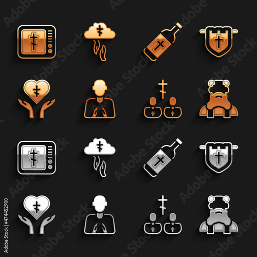 Set Hands in praying position, Flag with christian cross, Priest, Religious heart, Holy water bottle, Online church pastor preaching and God's helping hand icon. Vector