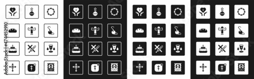 Set Crown of thorns, Angel, Bread loaf, Religious cross in heart, Magic staff, Christian, chalice and Ark noah icon. Vector