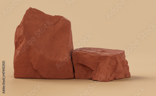 Brown color rocks in a flat color background, for product displays with copy space, 3d Rendering