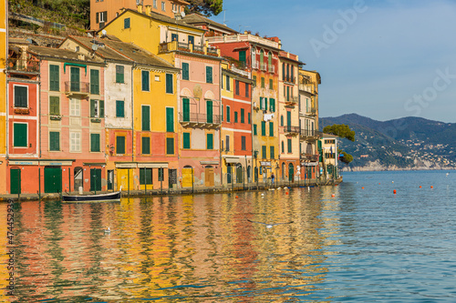 Colours of Portifino reflected in the waters of the harbour  photo