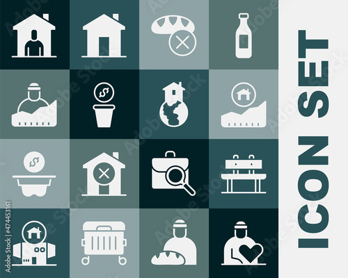 Set Volunteer, Bench, Rising cost of housing, Donation food, money, Growth homeless, Shelter for and icon. Vector