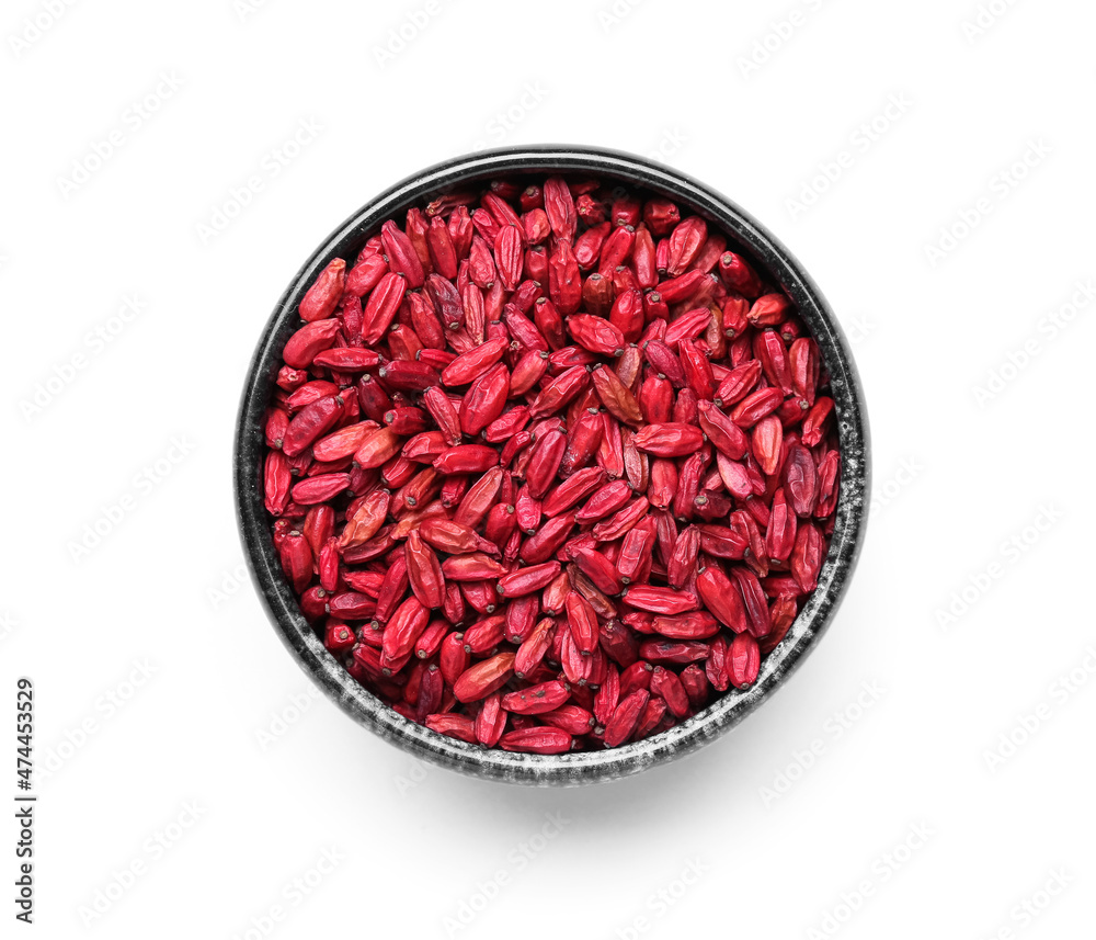 Bowl with dried barberry on white background Bowl with dried barberry on white background