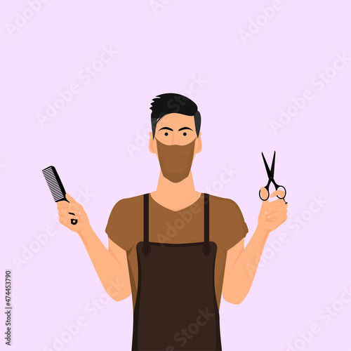 Hairdresser in a brown apron and holding scissors and a comb. 