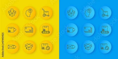 Set line Envelope, Cardboard box with traffic symbol, and fast time, Conveyor belt cardboard, Hand truck boxes and Delivery man icon. Vector