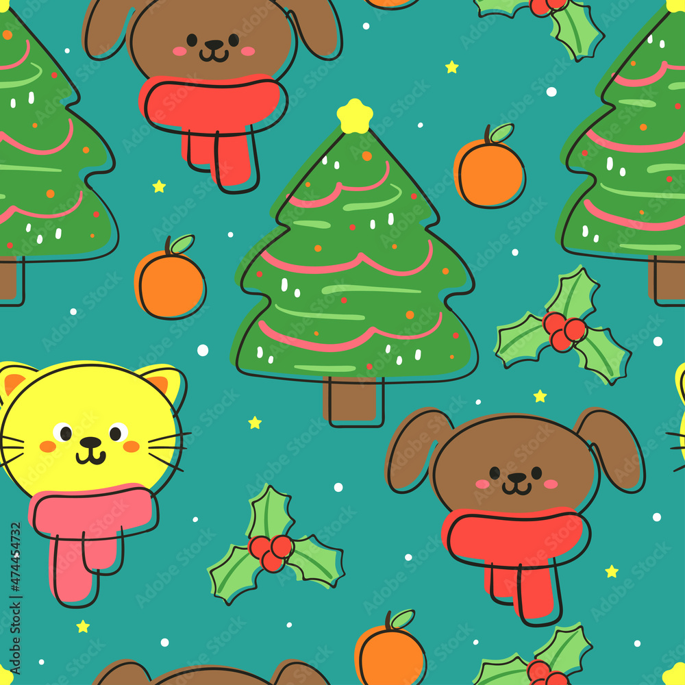 Seamless pattern cute cartoon of animal and winter. spring collection wallpaper, for fabric print and scarf Seamless pattern cute cartoon of animal and winter. spring collection wallpaper, for fabric print and scarf