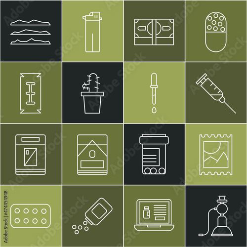 Set line Hookah, LSD acid mark, Syringe, Stacks paper money cash, Cactus peyote pot, Blade razor, Cocaine heroin drug and Pipette icon. Vector