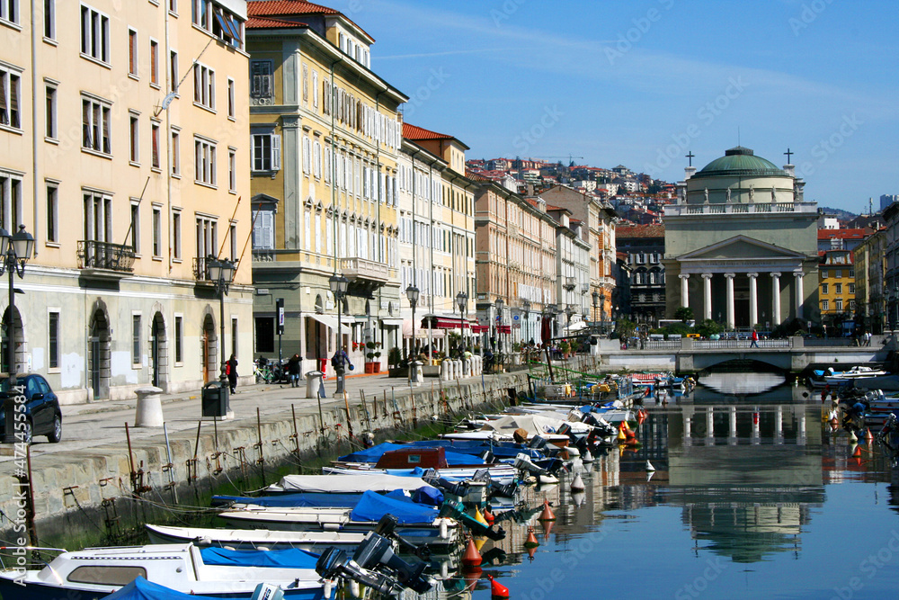 Canal Grande with the Sant Antonio Nuovo Church in Trieste, Italy.