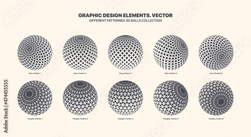 Assorted Various Vector 3D Balls In Different Positions With Star And Triangle Halftone Pattern Set Isolated On White Background. Graphic Black White Variety 3D Spheres Design Elements Collection