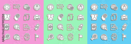 Set line Location marker, Chain link, Chat messages notification laptop, Earth globe with mail, Mail and e-mail, Envelope, Create account screen and Phone graphic tablet icon. Vector