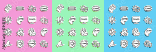 Set line Shield protecting from virus, Corona 2019-nCoV, covid-19, Virus, Human and and location icon. Vector