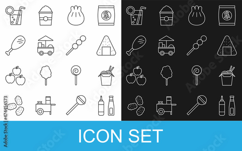 Set line Sauce bottle, Asian noodles and chopsticks, Onigiri, Khinkali on cutting board, Fast street food cart, Chicken leg, Cocktail and Meatballs wooden icon. Vector