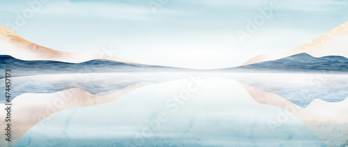Watercolor ink art background with mountains and hills in the north. Landscape banner with paints in blue and earth tones for interior decoration, design, print