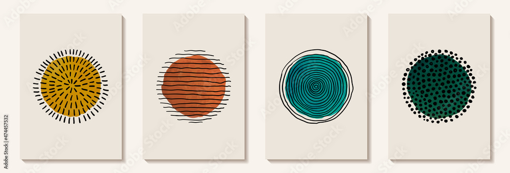 Creative minimalist hand painted Abstract art background with watercolor stain and Hand Drawn doodle Scribble Circle. Design for wall decoration, postcard, poster or brochure