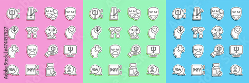 Set line Graves funeral sorrow, Psychology, Psi, Broken heart divorce, Comedy and tragedy masks, Question mark, and Addiction to the drug icon. Vector