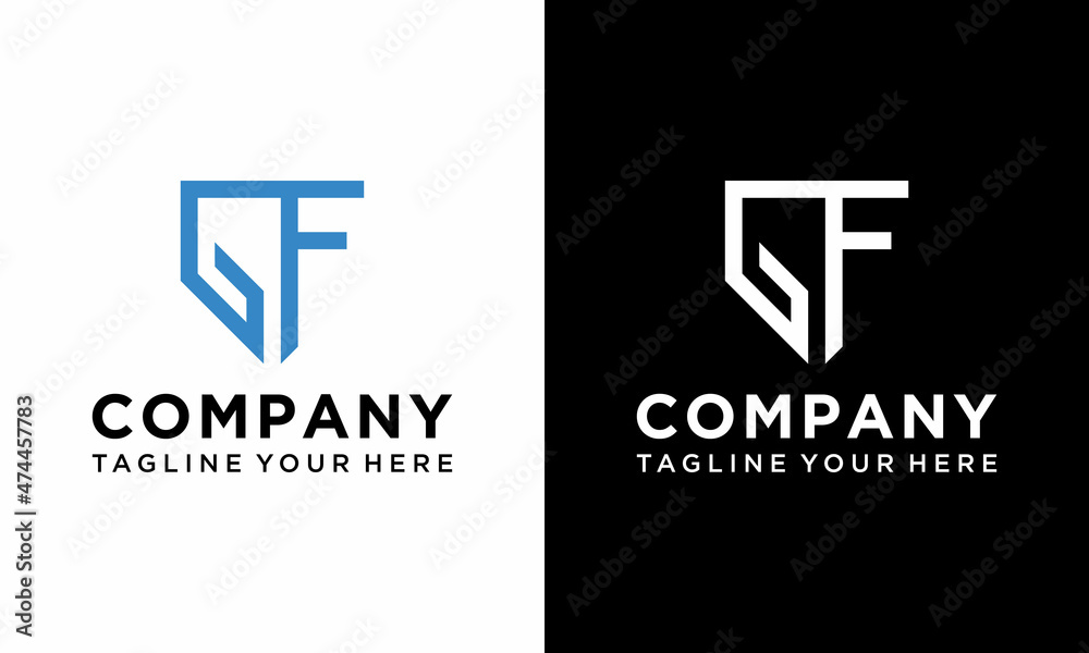 GF monogram logo with shield shape design template. on a black and white background.